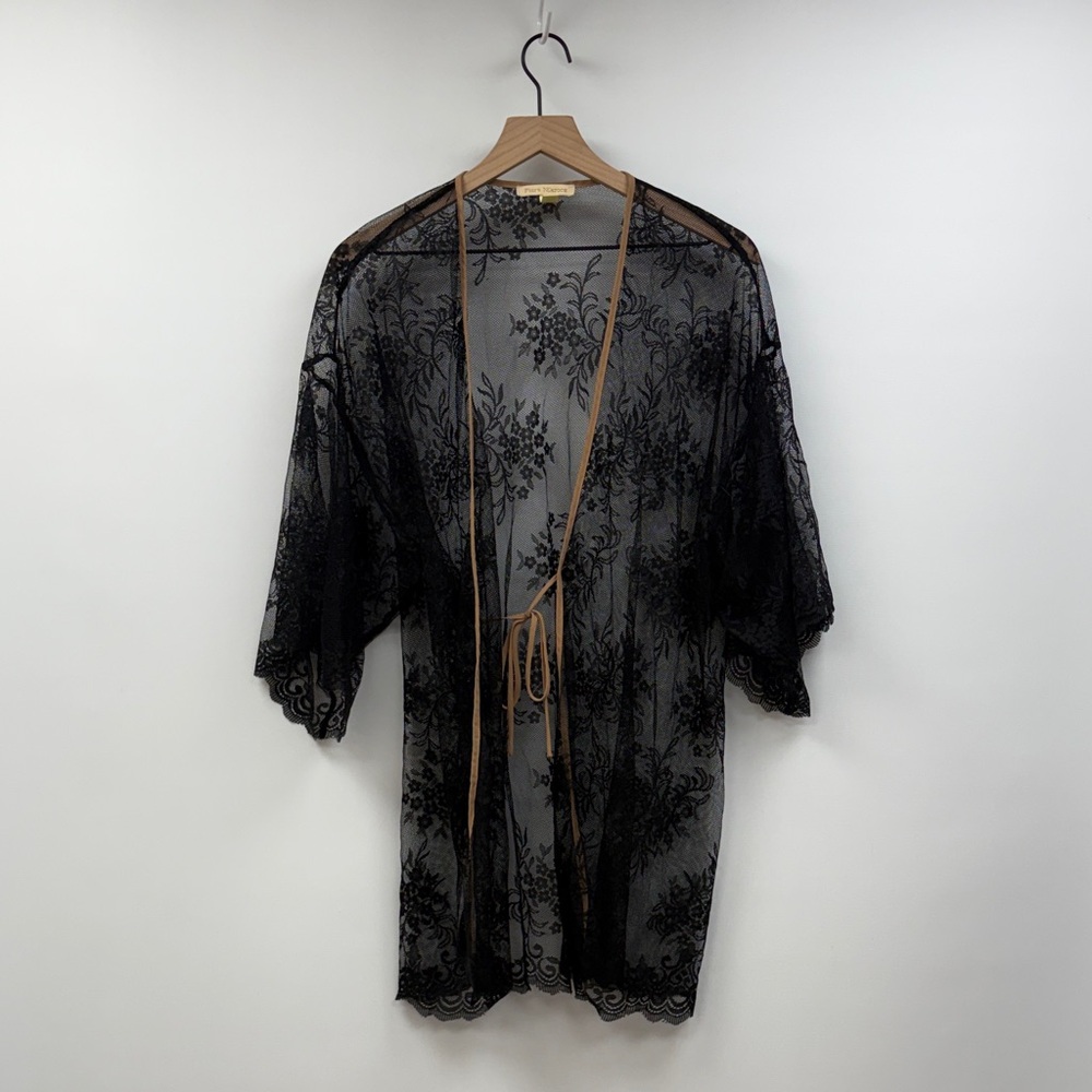 Anthropologie Sheer Black Lace Robe with Tan Trim